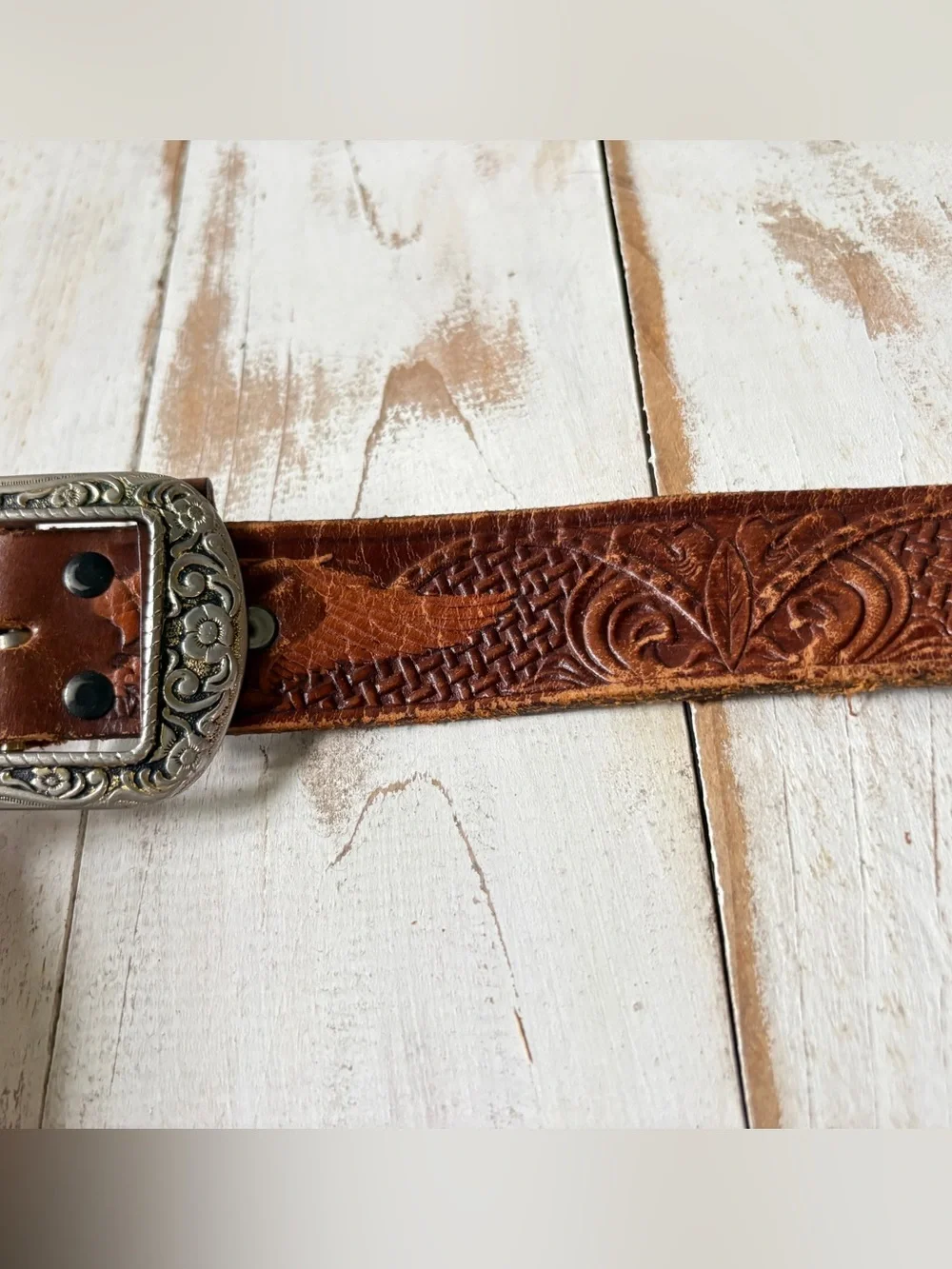 Vintage western top grain leather belt tooled made in Mexico silver buckle sz 44